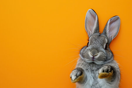 Cute gray rabbit lying on back on orange background, fluffy ears, playful posture, animal antics, bunny paws up, adorable pet, whiskers detail, comical position, close-up shot, space for text.の素材