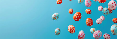 Colorful, patterned eggs float against a blue backdrop, symbolizing the Easter celebration with art and tradition. Vibrant, festive, and perfect for the spring season. Easter concept. Banner.の素材