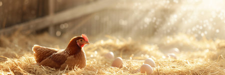 A brown hen sits on eggs amidst hay with sunlight streaming through the barn. Banner.の素材
