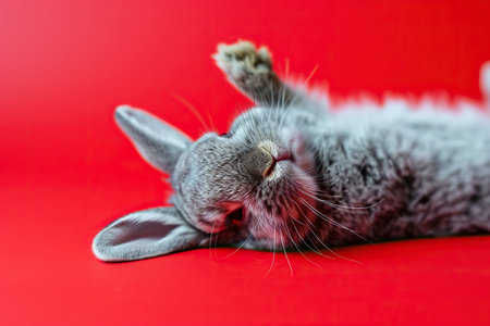 Cute gray rabbit lying on back on red background, fluffy ears, playful posture, animal antics, bunny paws up, adorable pet, whiskers detail, comical position, close-up shot, space for text.の素材