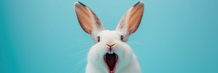 Joyful rabbit with long ears raised high and wide open mouth, appearing to cheer or laugh against a light background, expressing humor, delight, or excitement. Easter concept. Banner with copy space.の素材