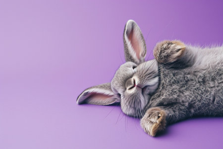 Cute gray rabbit lying on back on purple background, fluffy ears, playful posture, animal antics, bunny paws up, adorable pet, whiskers detail, comical position, close-up shot, space for text.の素材