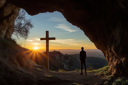 Figure standing in cave entrance, overlooking a cross at sunrise, representing hope, spirituality, resurrection, Easter, and contemplative peace amidst natural beauty.の素材