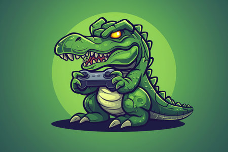 A crocodile or dinosaur lizard gamer sports video game gaming mascot holding a games controller, illustrationの素材