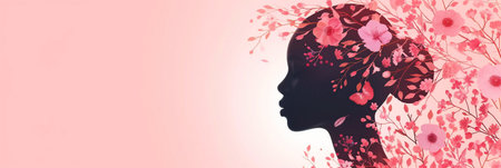 The elegant profile of a female silhouette adorned with floral elements in varying shades of pink, serenity, and a connection with nature. Concept of International Women's Day. Bannerの素材