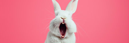 Joyful rabbit with long ears raised high and wide open mouth, appearing to cheer or laugh against a pink background, expressing humor, delight, or excitement. Easter concept. Banner with copy space.の素材