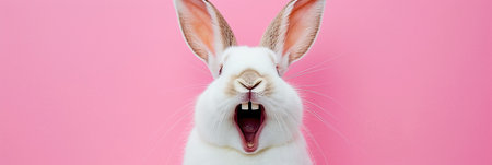 Joyful rabbit with long ears raised high and wide open mouth, appearing to cheer or laugh against a pink background, expressing humor, delight, or excitement. Easter concept. Banner with copy space.の素材