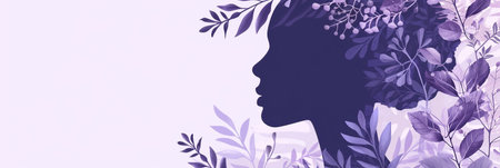 The elegant profile of a female silhouette adorned with floral elements in varying shades of purple, serenity, and a connection with nature. Concept of International Women's Day. Bannerの素材