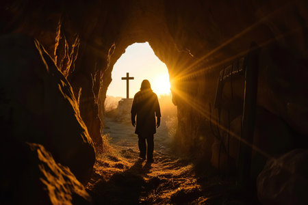Silhouette of a person standing in a cave entryway, with a sunlit cross visible outside, evoking feelings of hope, spirituality, and peaceful contemplation.の素材