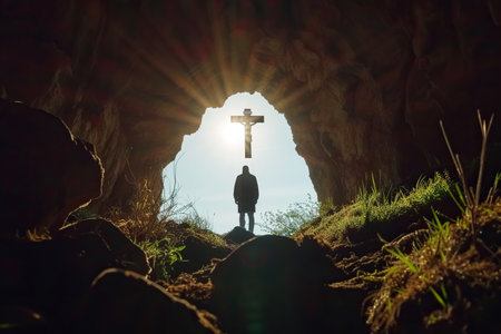 Silhouette of a person standing in a cave entryway, with a sunlit cross visible outside, evoking feelings of hope, spirituality, and peaceful contemplation.の素材