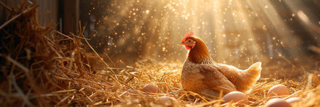 A gold hen sits on gold eggs amidst hay with sunlight streaming through the barn. Banner.の素材