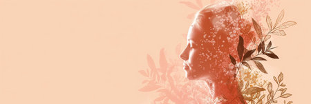 The elegant profile of a female silhouette adorned with floral elements in varying shades of pink, serenity, and a connection with nature. Concept of International Women's Day. Bannerの素材