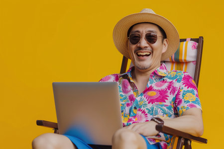 Joyful emotional Asian man in summer hat sunglasses with laptop and holiday travel bag sit on beach chair by blank copy space wall happy he booked purchased discount vacation ticketの素材