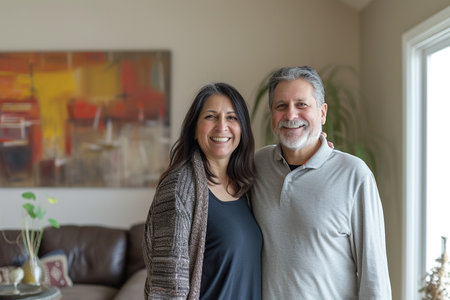 Family portrait capturing a happily married couple standing in living room. With genuine smiles, they radiate happiness, embodying the joy of togetherness in the comfort of home.の素材