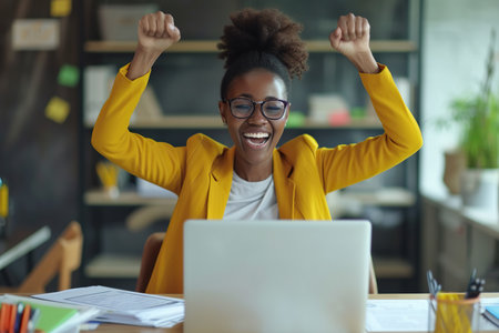 Happy excited young African American business woman accountant standing at the desk working on laptop computer with a pile of documents on table in office and making yes gesture rejoicing in successful job.の素材