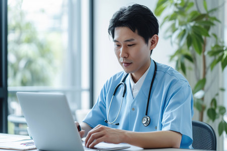Portrait of a young Korean male doctor or nurse in blue medical uniform sitting at the desk and working in office. Man physician wearing stethoscope in clinic using laptop typing and writing in notepad.の素材