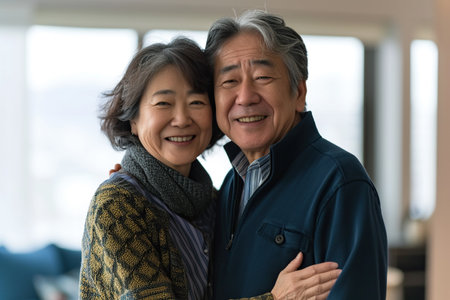 Close up portrait of aged Japanese senior couple holding hands and smiling standing at home. Happy affectionate mature couple hugging enjoying being together. Romantic and relationship in retirement concept.の素材