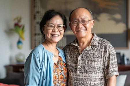 Family portrait capturing a happily married couple standing in living room. With genuine smiles, they radiate happiness, embodying the joy of togetherness in the comfort of home.の素材