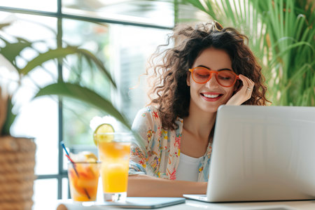 Funny happy smiling Hispanic woman sitting at the desk on workplace at office with juice and booking tickets for summer vacation online via laptop.の素材