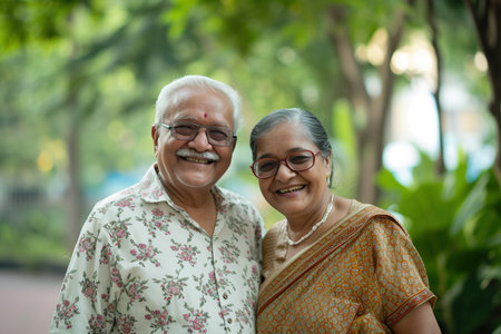 Smiling and happy senior Indian couple enjoys a leisure walk in the city park. They radiate happiness and warmth. This snapshot captures a moment of shared bliss during a vacation or holiday.の素材