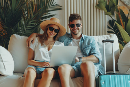 Young funny happy smiling Latin couple travelers sitting on sofa at home booking tickets online via laptop. Fat woman and man wearing beach hat and sunglasses with suitcases getting ready for holiday tripの素材