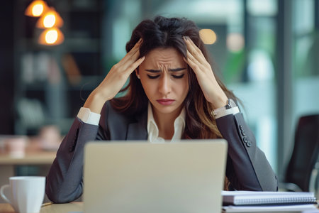 Overtrain. Overworked Latin woman having acute headache while working in office due to frustration, fatigue and crisis. Sad businesswoman in suit sits at her workplace in front of laptop and rubs his foreheadの素材