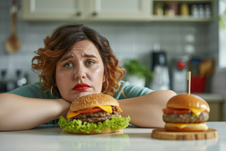 Plus size woman looking at big burger lying in front of her. Hungry overweight woman sitting at table in kitchen in front of sandwich. Junk unhealthy food addiction, eating disordersの素材