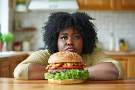 Plus size African American woman looking at big burger lying in front of her. Hungry overweight woman sitting at table in kitchen in front of sandwich. Junk unhealthy food addiction, eating disordersの素材