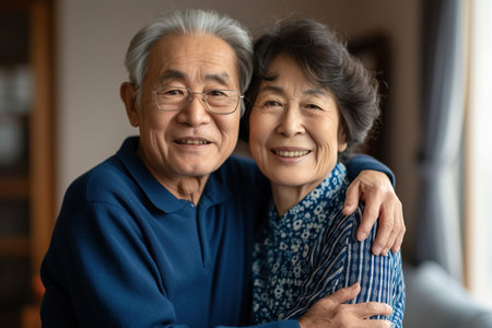Close up portrait of aged Korean senior couple holding hands and smiling standing at home. Happy affectionate mature couple hugging enjoying being together. Romantic and relationship in retirement concept.の素材