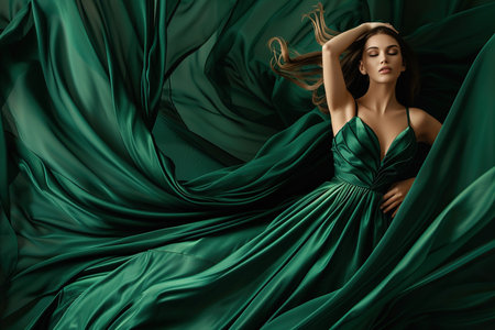 Beautiful Latin woman in Forest Green waving dress with flying fabric on studio background.の素材