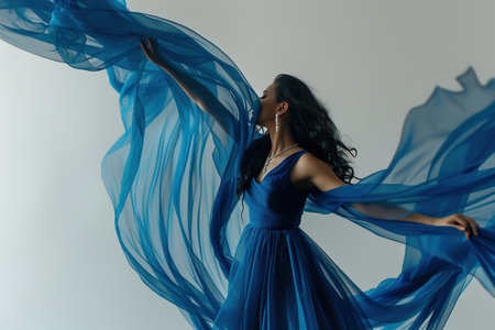 Beautiful Indian woman in Navy waving dress with flying fabric on studio background.の素材