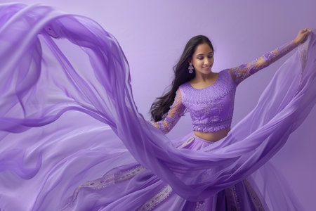 Beautiful Indian woman in Lavender waving dress with flying fabric on studio background.の素材