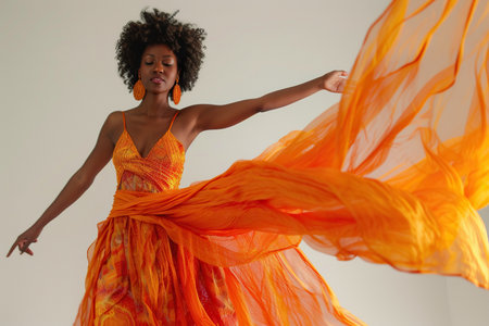 African American Woman in Amber waving dress with flying fabric.の素材
