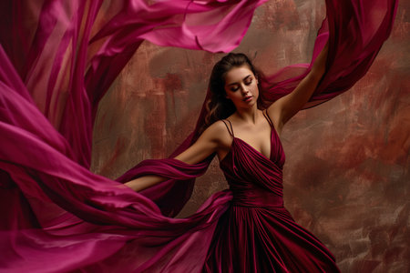 Beautiful Latin woman in Burgundy waving dress with flying fabric on studio background.の素材