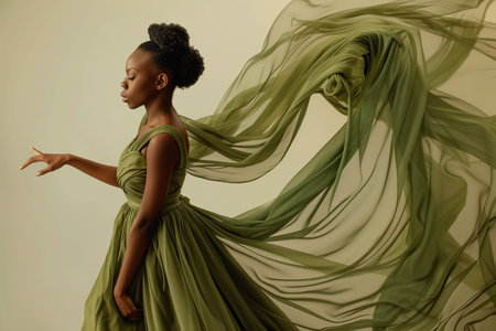 Beautiful African American woman in Olive waving dress with flying fabric on studio background.の素材