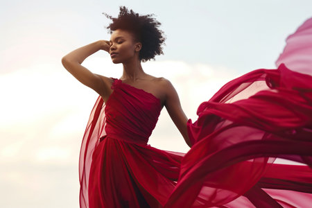 African American Woman in Burgundy waving dress with flying fabric.の素材
