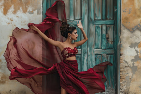 Latin American Woman in Burgundy color waving dress with flying fabric.の素材
