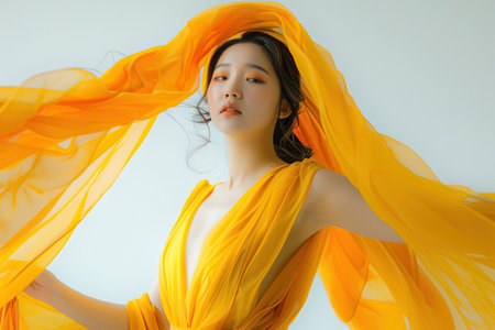 Beautiful Japanese woman in Mustard waving dress with flying fabric on studio background.の素材
