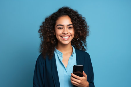 Happy Latin American woman with phone on Sapphire studio backgroundの素材