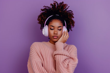 Young African American woman wearing headphones on a purple background listening to her favorite music.の素材