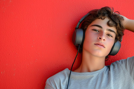 Young man wearing headphones on a red background listening to his favorite music.の素材