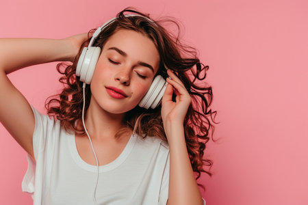 Young woman wearing headphones on a pink background listening to her favorite music.の素材