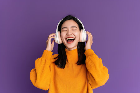 Young Asian woman wearing headphones on a purple background listening to her favorite music.の素材