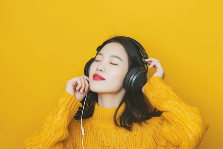 Young Asian woman wearing headphones on a yellow background listening to her favorite musicの素材