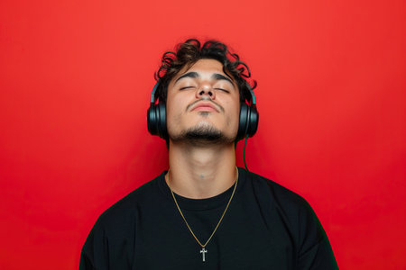 Young Latin man wearing headphones on a red background listening to his favorite music.の素材
