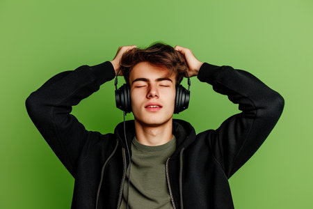 Young man wearing headphones on a green background listening to his favorite music.の素材
