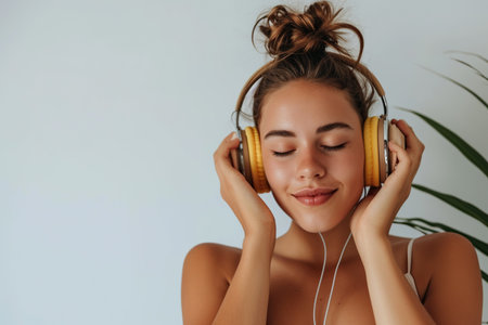 Young woman wearing headphones on a white background listening to her favorite music.の素材