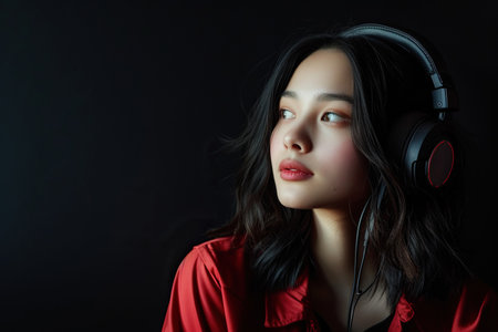 Young Asian woman wearing headphones on a black background listening to her favorite music.の素材