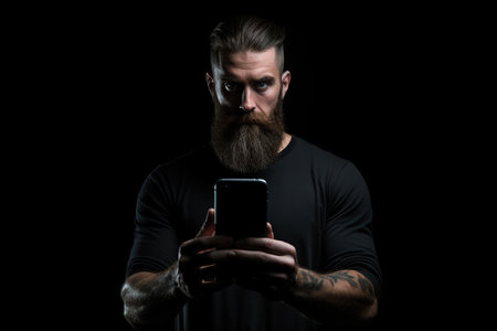 Man with phone on black studio backgroundの素材