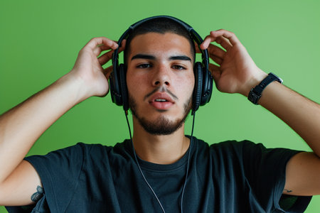 Young Latin man wearing headphones on a green background listening to his favorite musicの素材